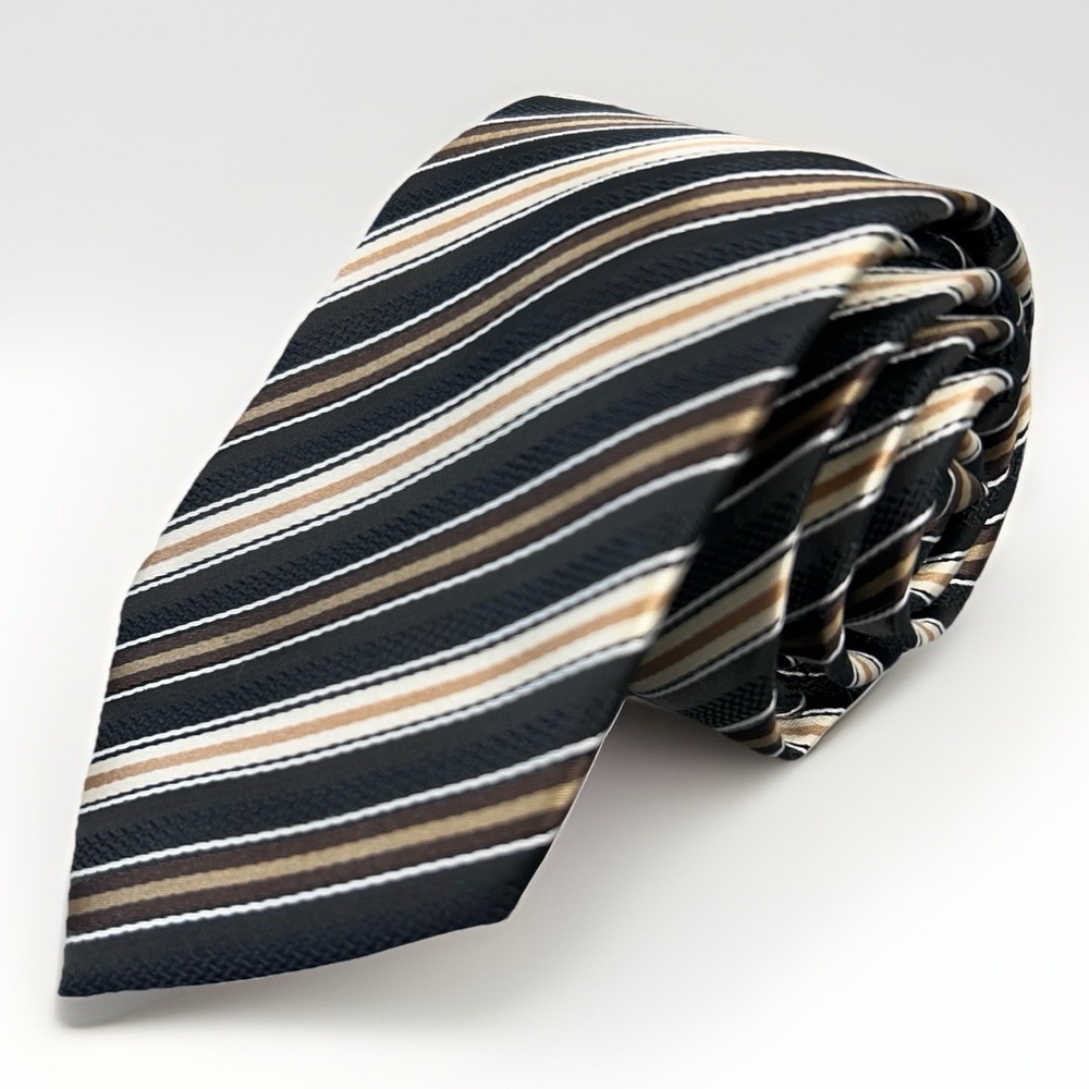 Alexander Julian Colours Stripe Tie Black Brown Tan Cream Polyester 59" x 3